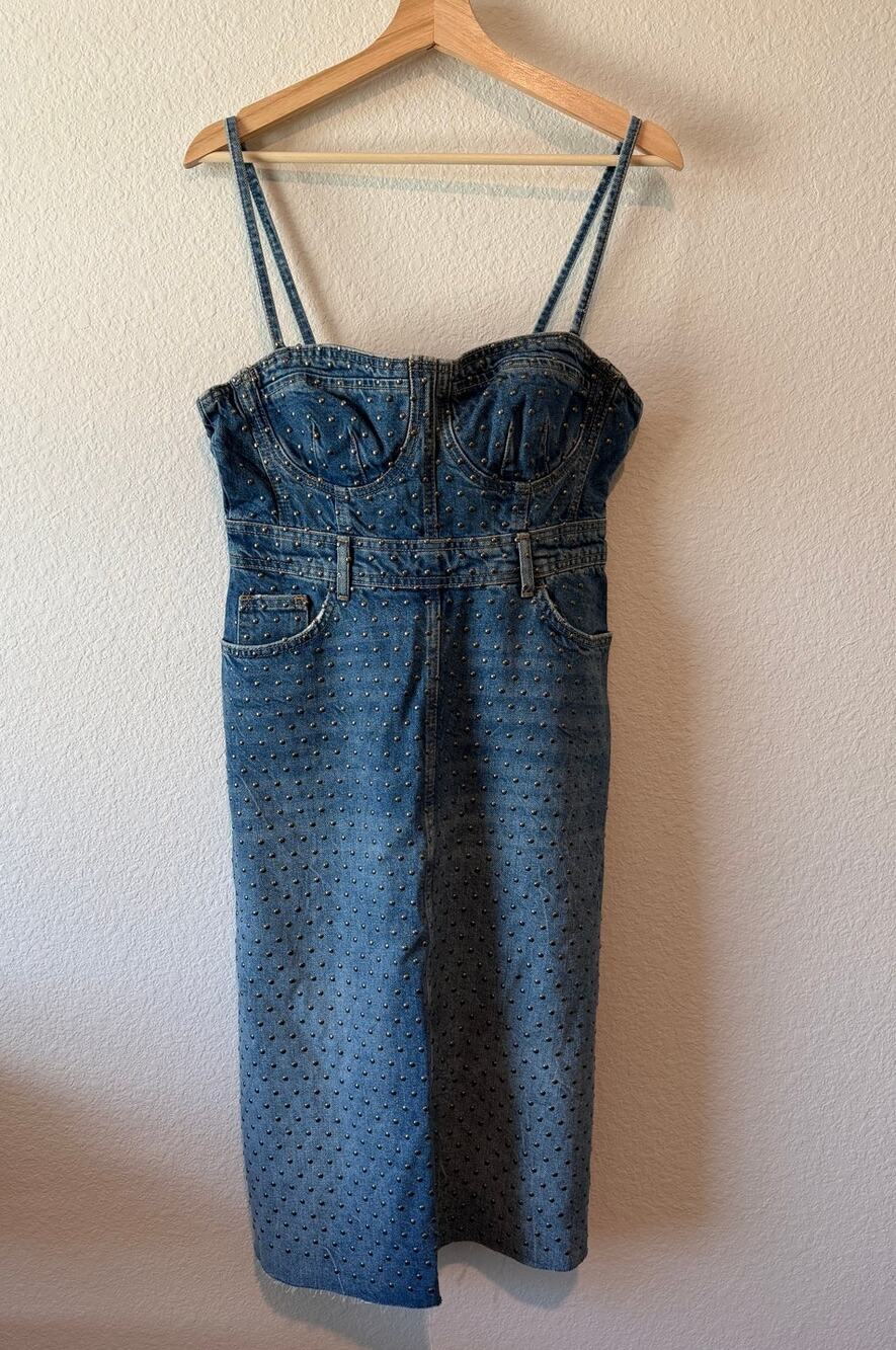 Zara Studded Denim Bustier Midi Dress Blue Corset Y2K Medium
